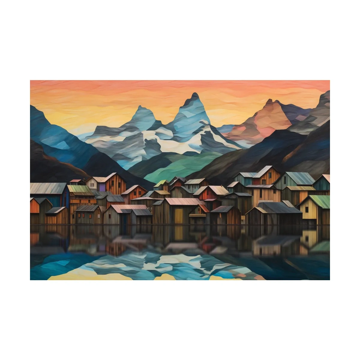 Alpine Mountain Village Reflections - Colorful Paper Cut Style Wall Art