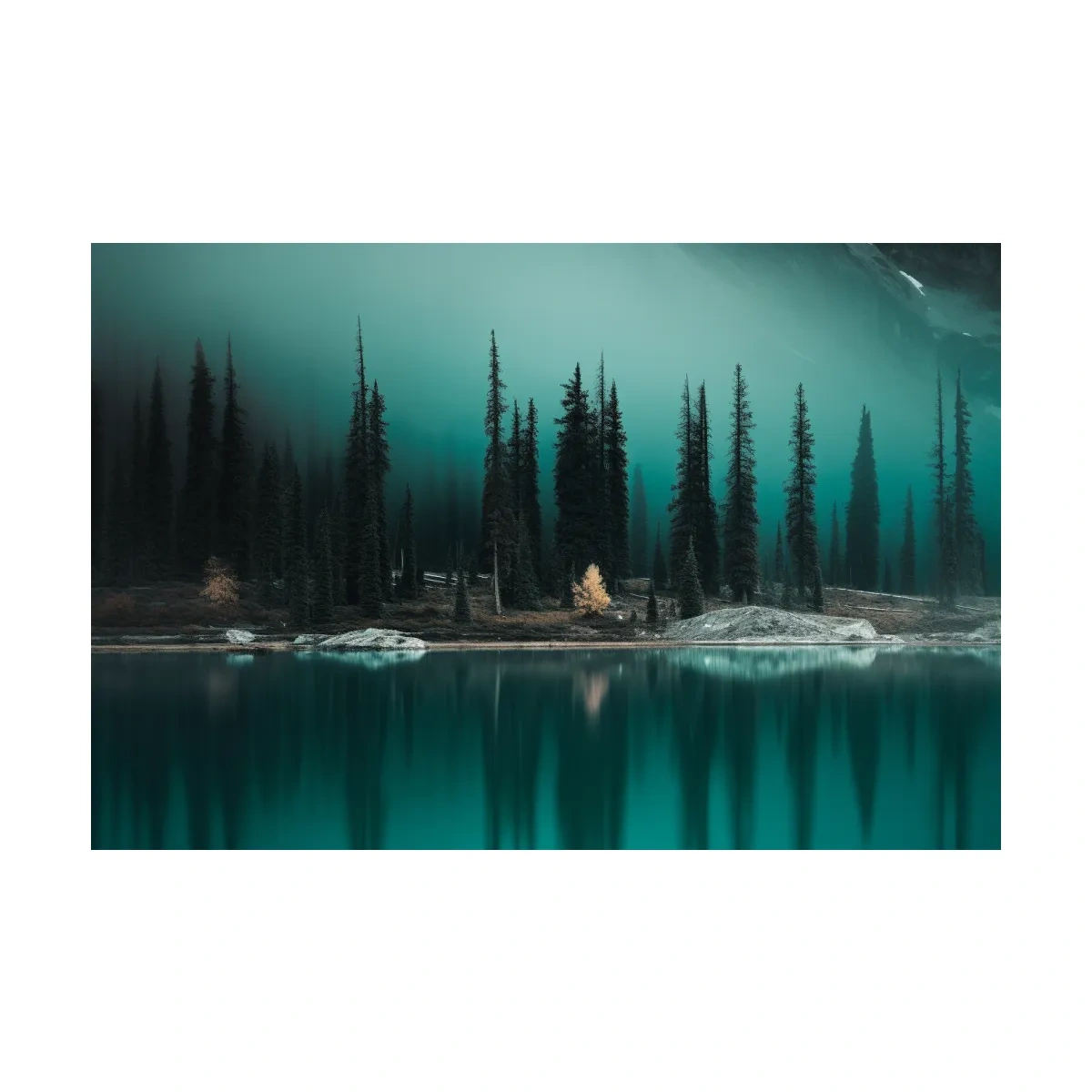 Misty Pine Forest Turquoise Alpine Lake - Serene Mountain Landscape Wall Art