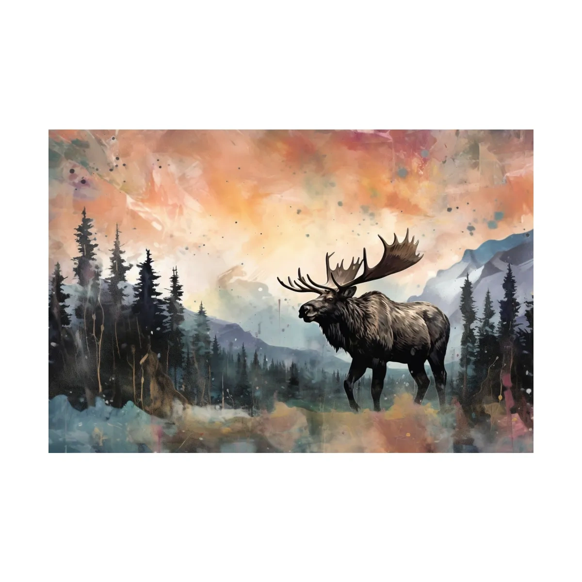 Watercolor Moose In Misty Mountain Forest - Rustic Wildlife Wall Art