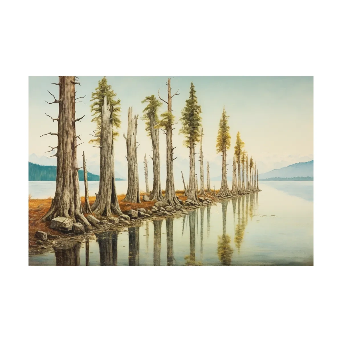 Serene Lakeside Pine Forest Reflections - Watercolor Landscape Wall Art
