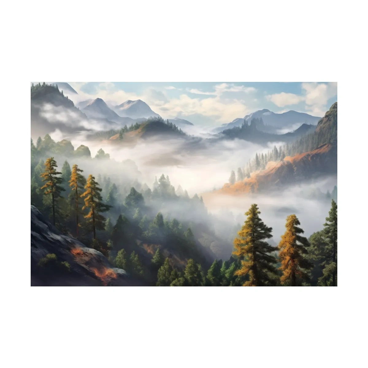 Misty Mountain Valley Forest Landscape - Serene Foggy Nature Painting Wall Art