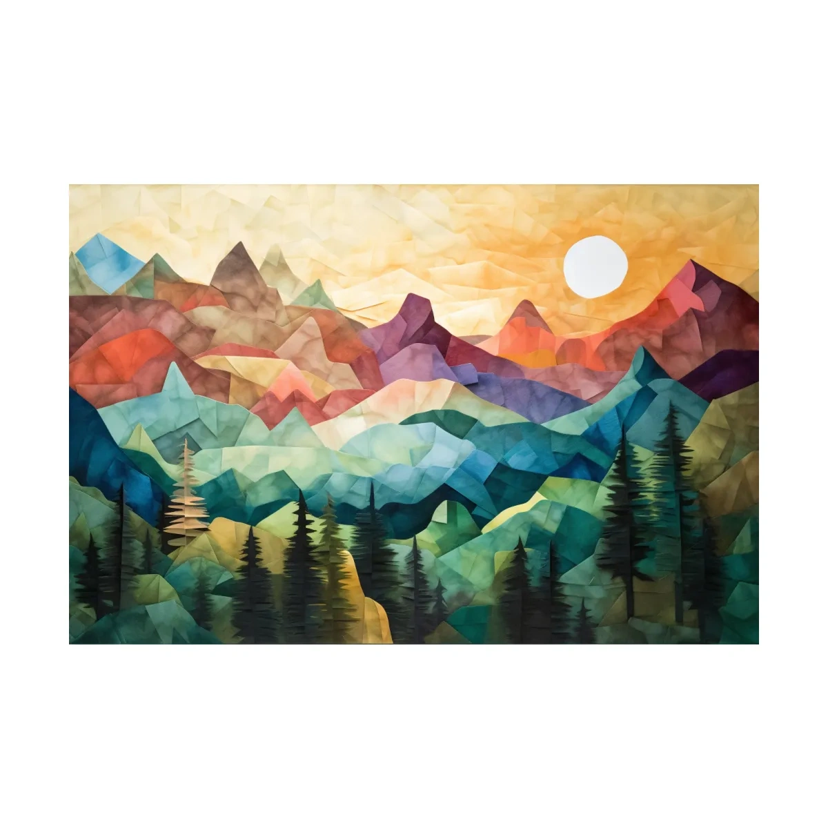 Abstract Sunset Mountain Canvas - Vibrant Patchwork Mosaic Art