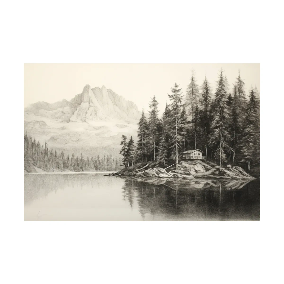Lead pencil drawing of a cabin by the lake