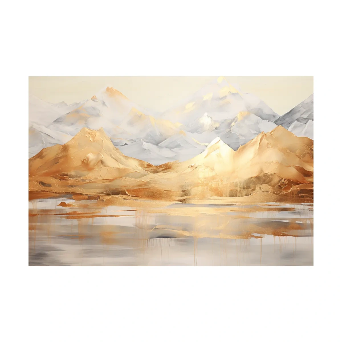 Luxe Golden Abstract Mountain Lake Painting - Elegant Landscape Wall Art