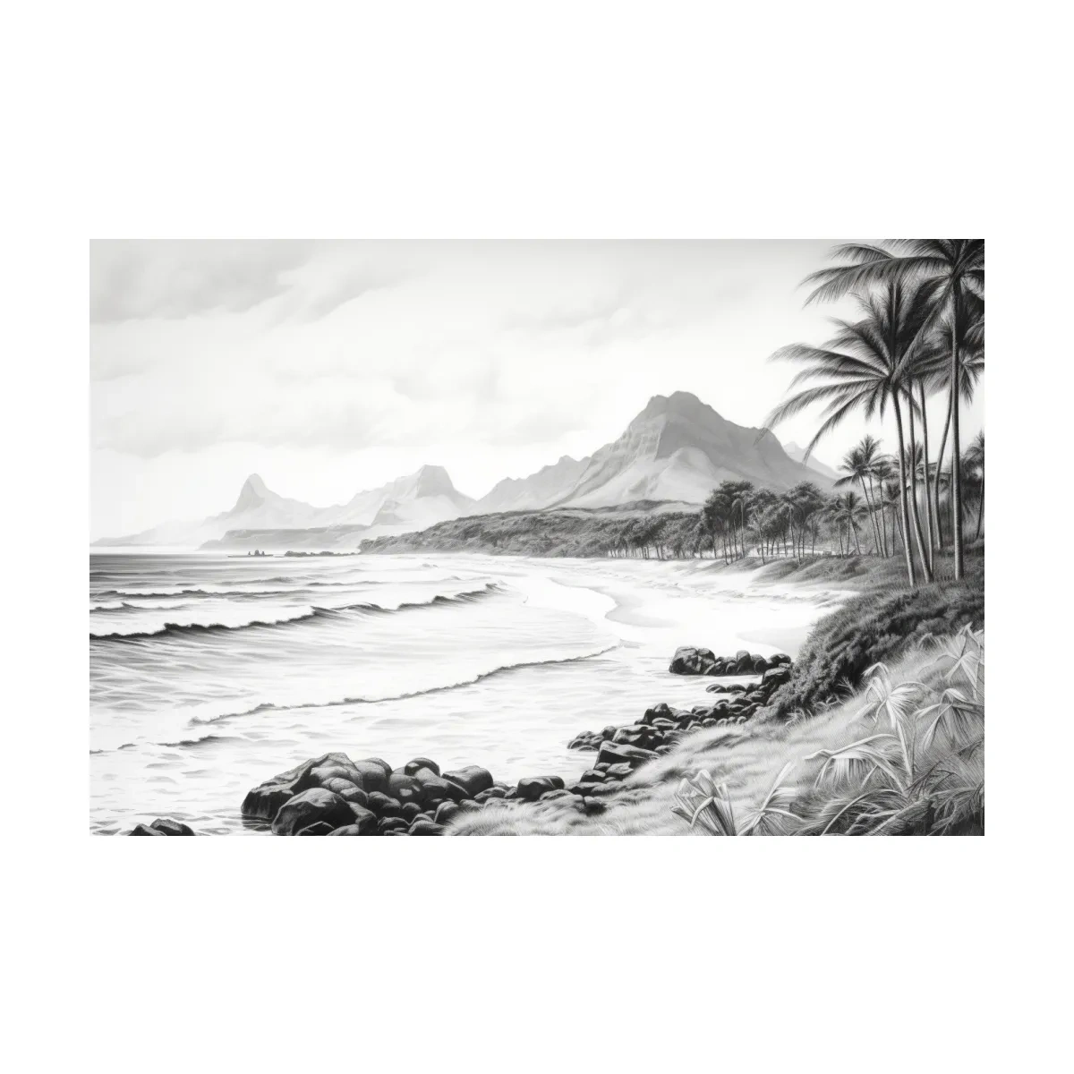 Black and white drawing of a tropical beach mountain scene