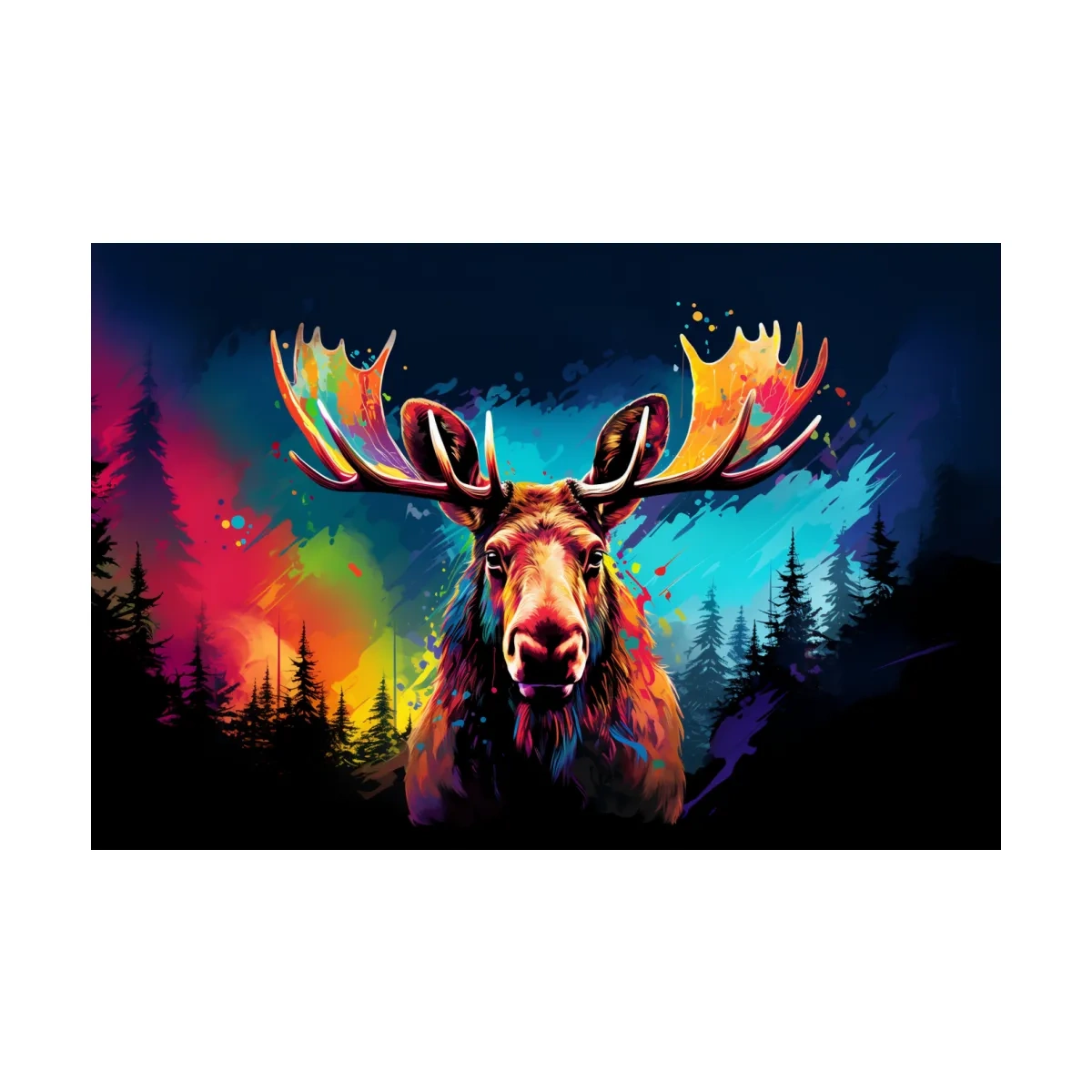 Vibrant Abstract Retro Moose Portrait - Colorful Splash Paint Wildlife Wall Art