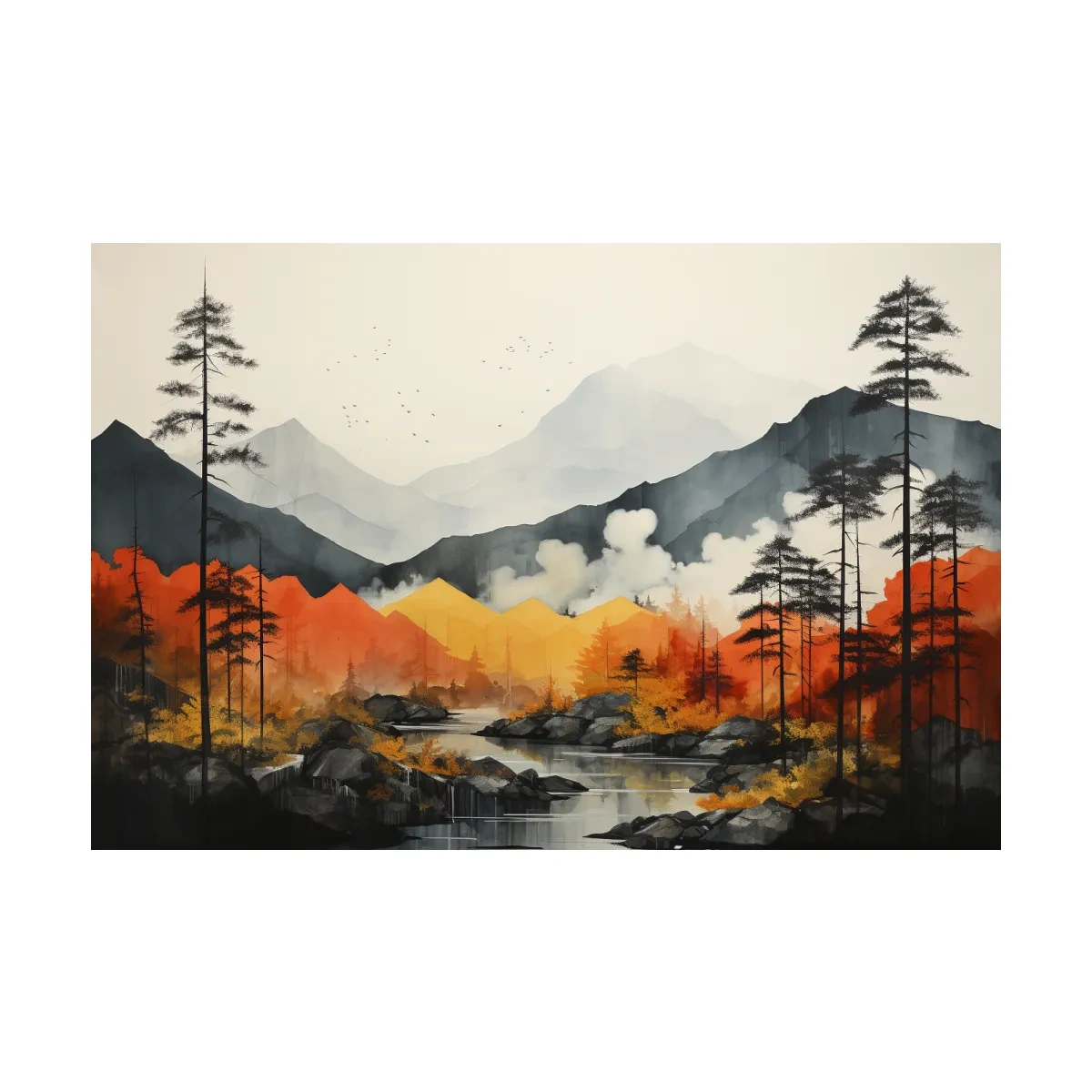 Surreal Mountain Lake Landscape - Autumn Forest Watercolor Wall Art