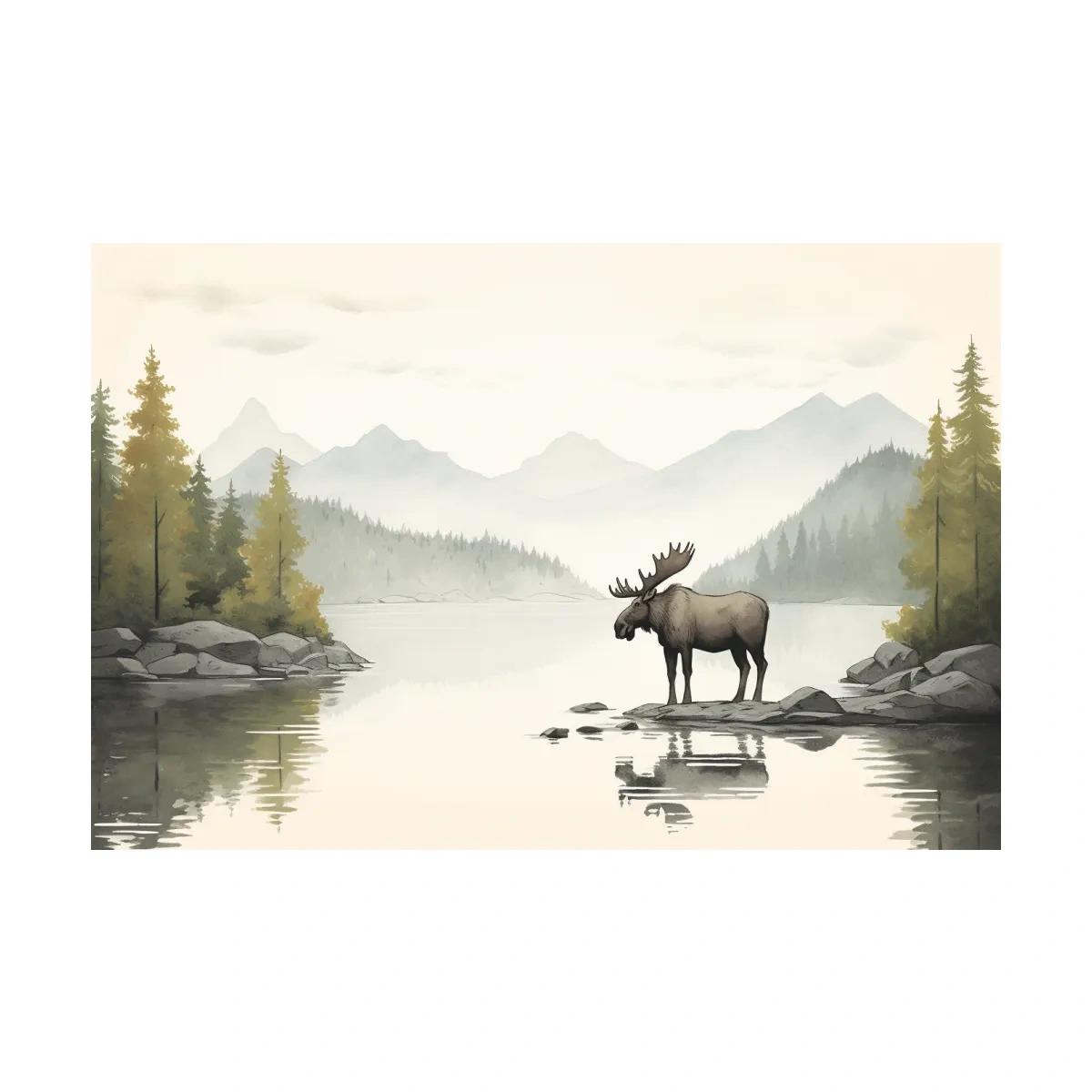 Childrens nursery illustration of a moose by a lake