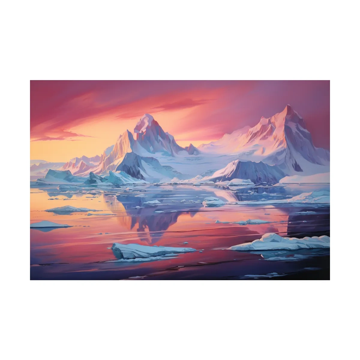 Painting of a sunset over the antarctic glacier