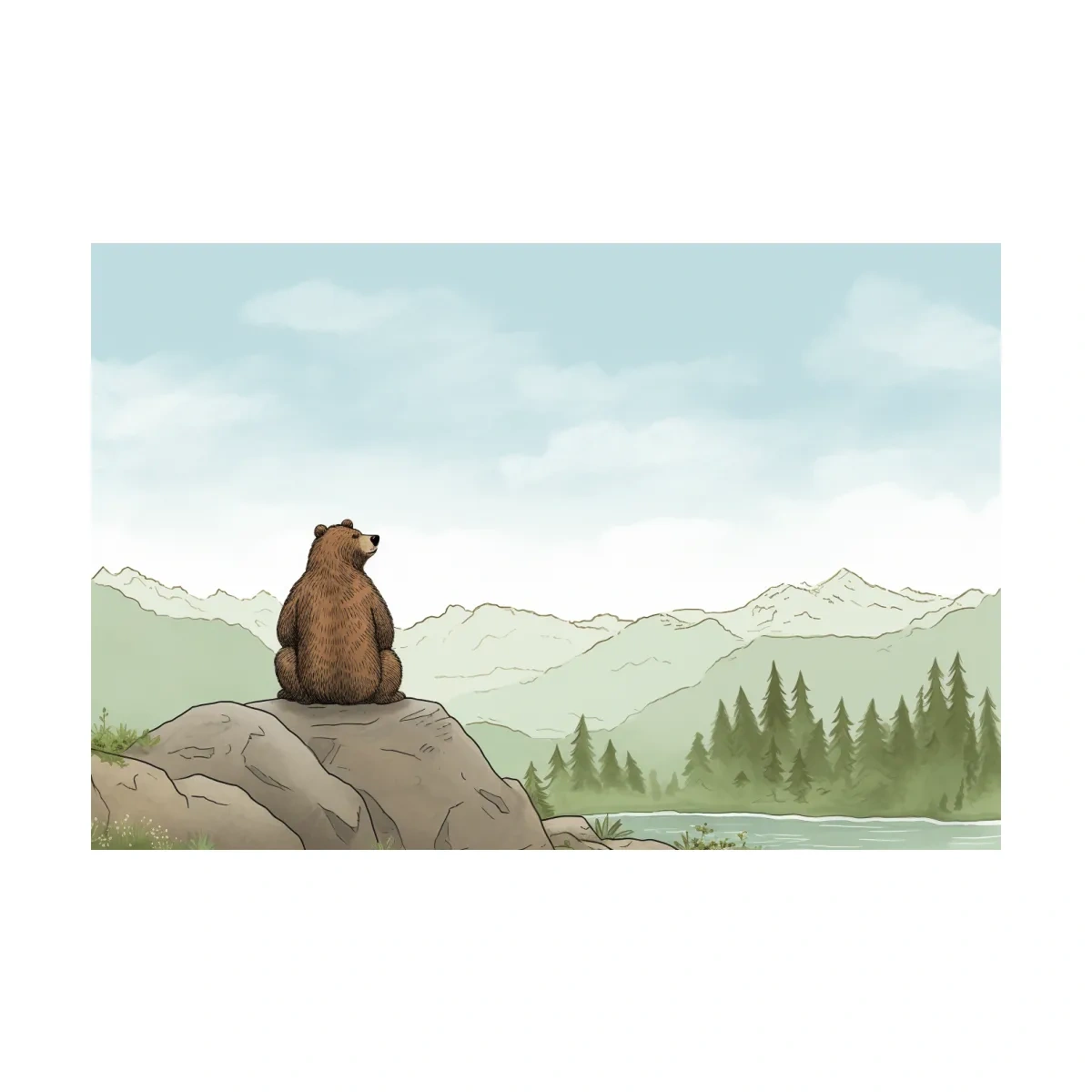 Illustration of a bear chilling on a rock, nursery artwork