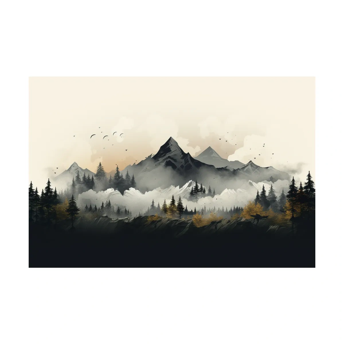 Illustration of treelined mountains