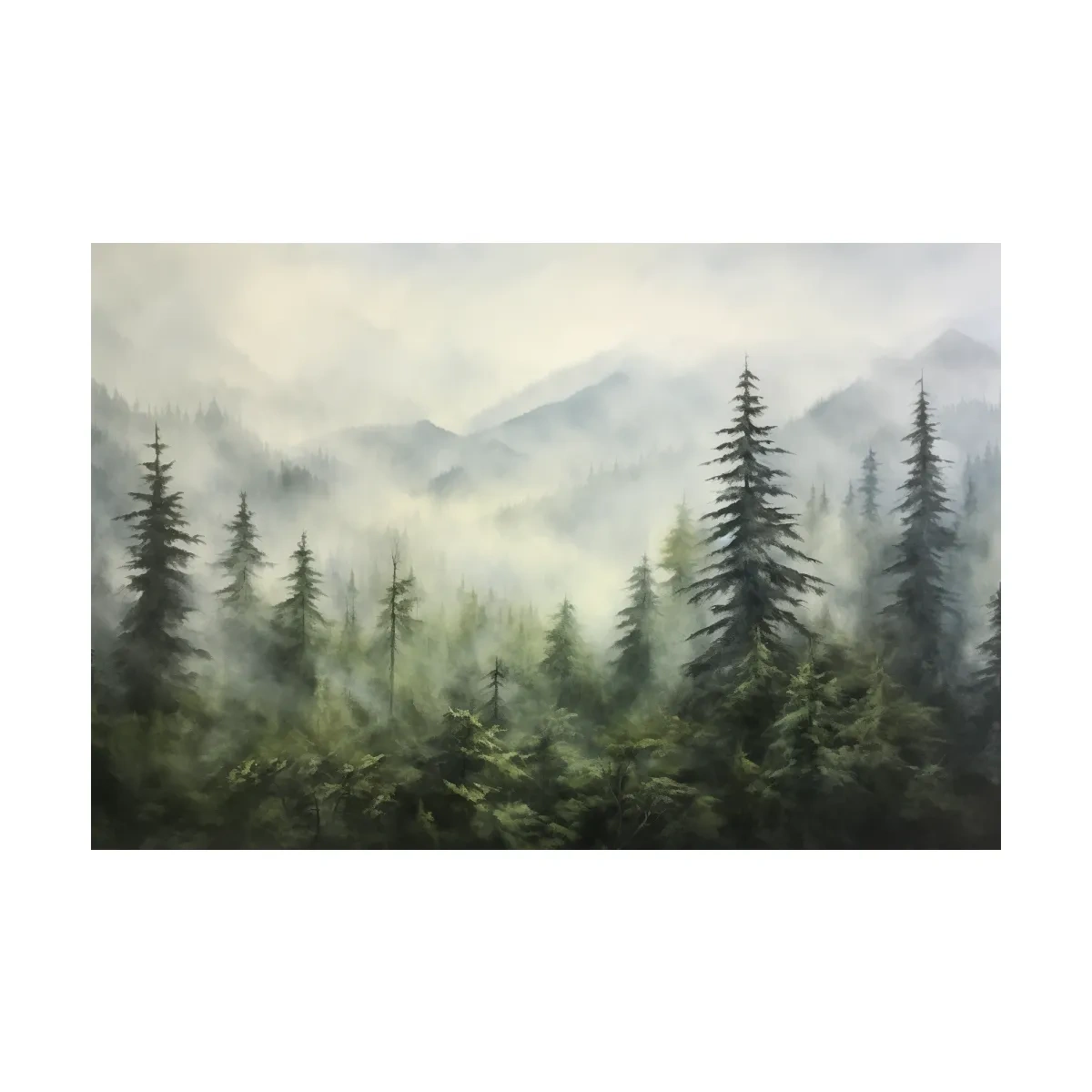 Misty Evergreen Forest Mountains Watercolor - Serene Foggy Landscape Artwork