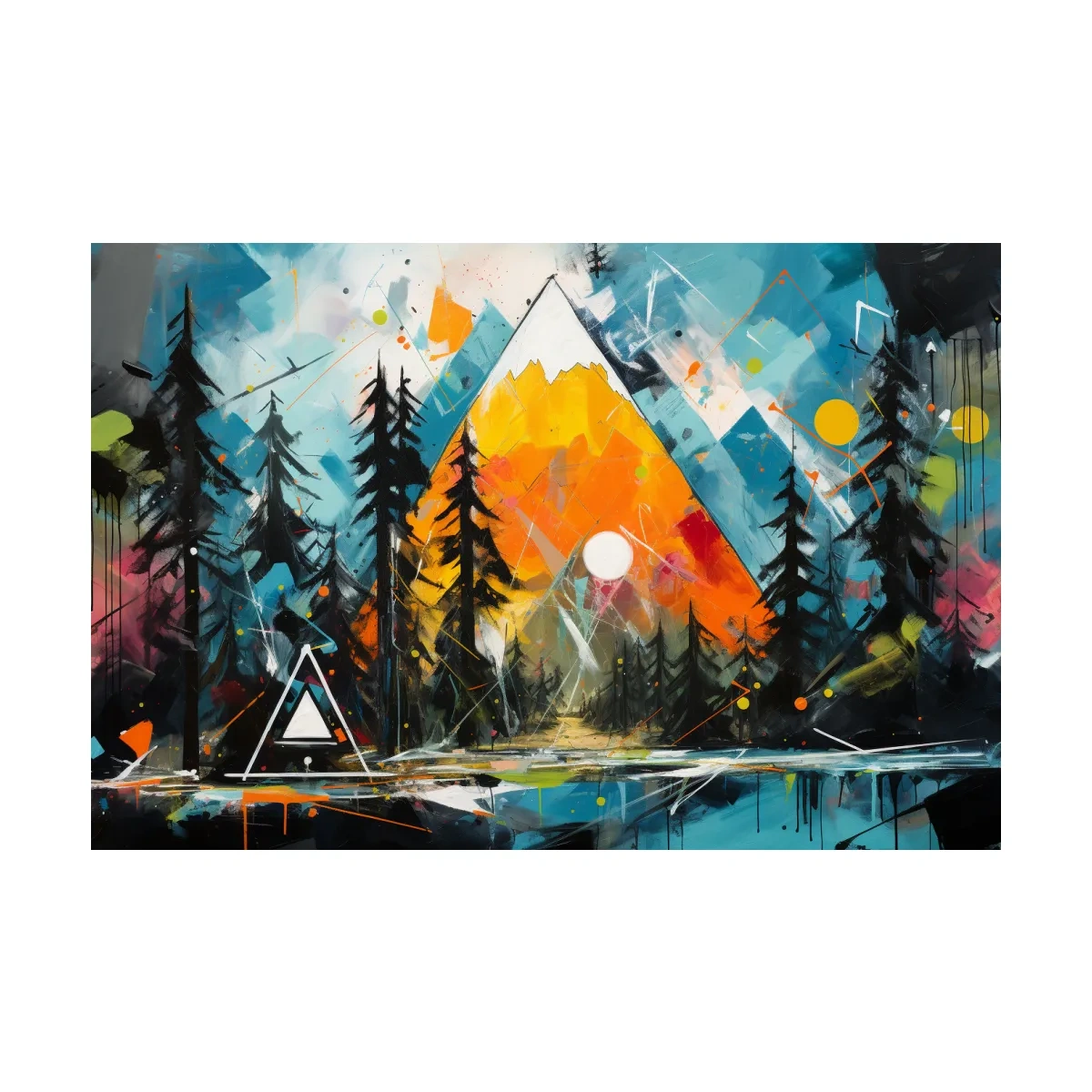Vibrant Abstract Mountain Sunrise With Pine Forest - Energetic Landscape Wall Art