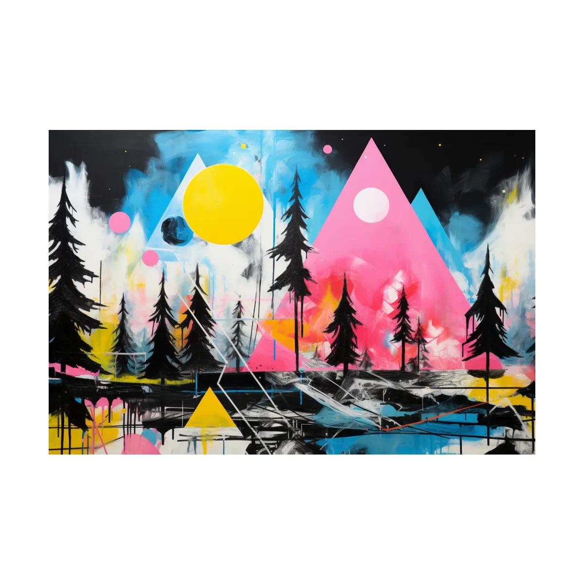 Neon Geometric Mountain Forest Painting - Vibrant Abstract Wall Art