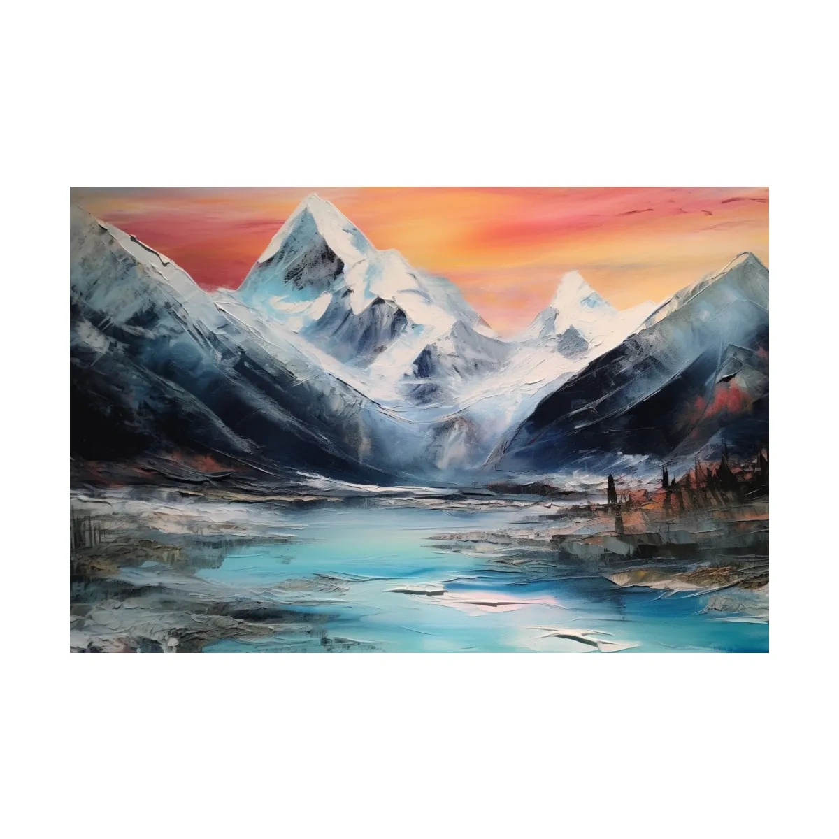 Bold oil painting of a glacier at sunset
