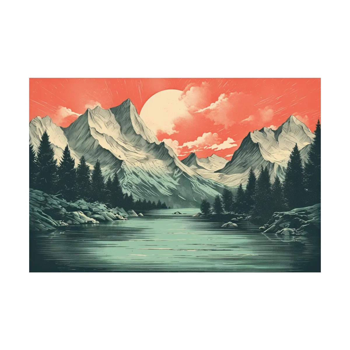 Retro Alpine Mountain Lake Sunset - Vintage Risograph Landscape Wall Art