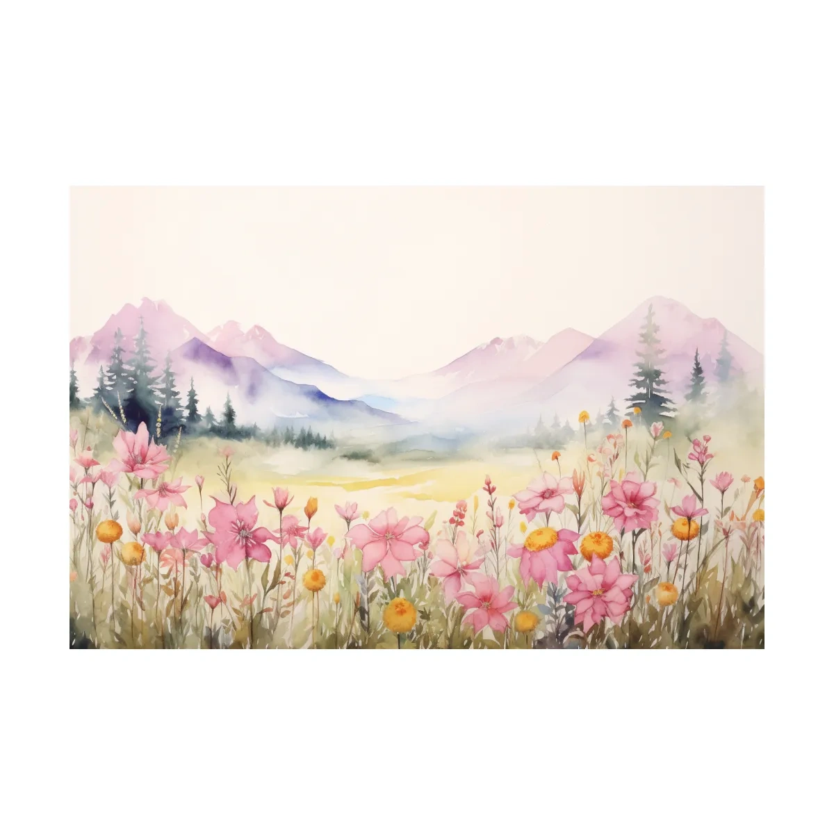 Pastel Wildflower Meadow Mountains Watercolor - Serene Alpine Wall Art