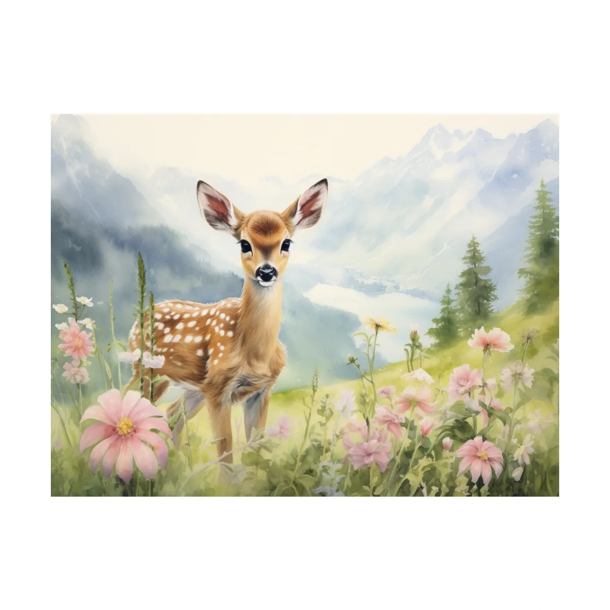 Painting of a deer fawn in the alpine meadows