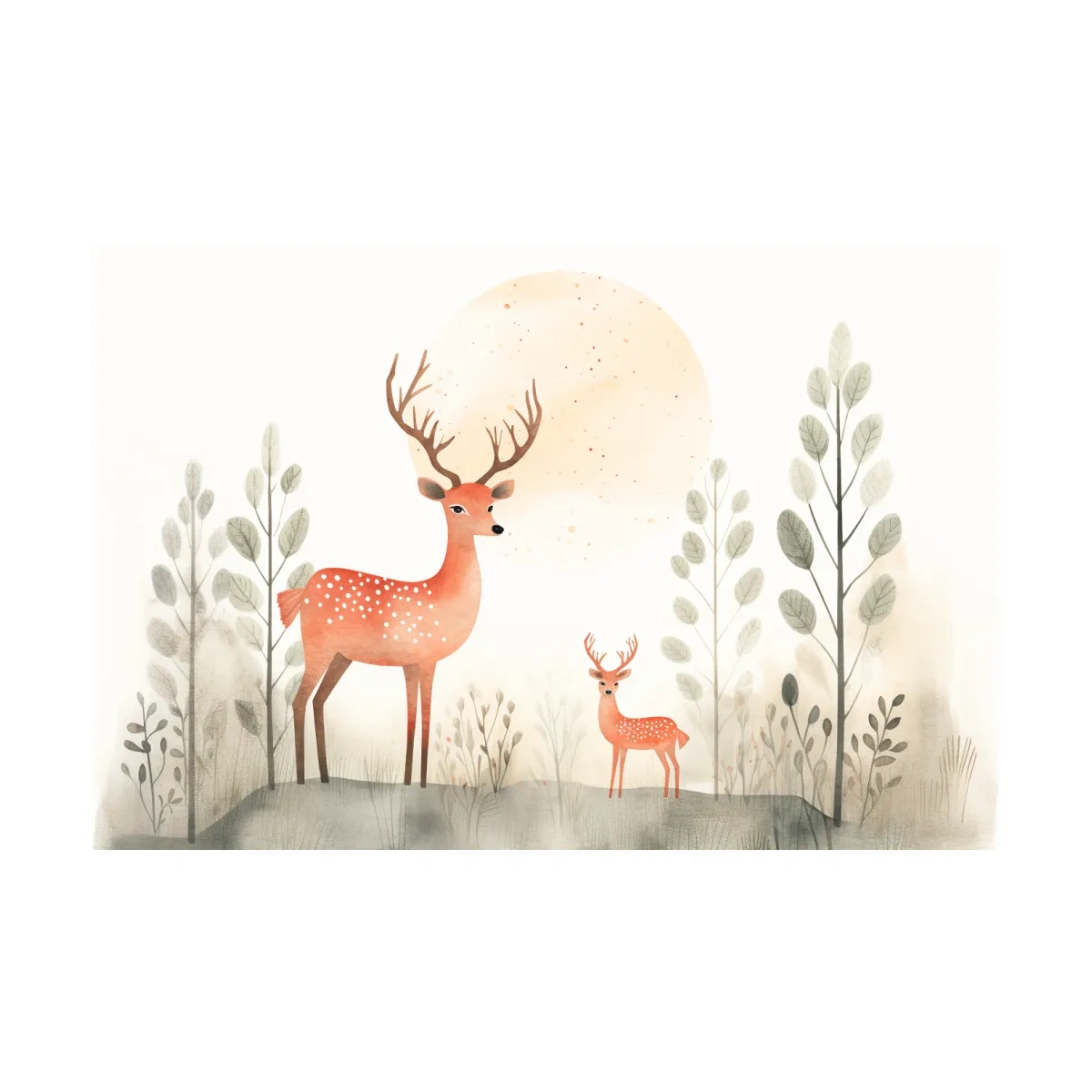 Storybook childrens illustration art, cute deer family in the forest, nursery wall art