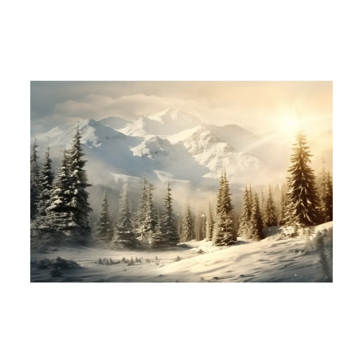 Snow covered mountains at sunrise, realistic painting