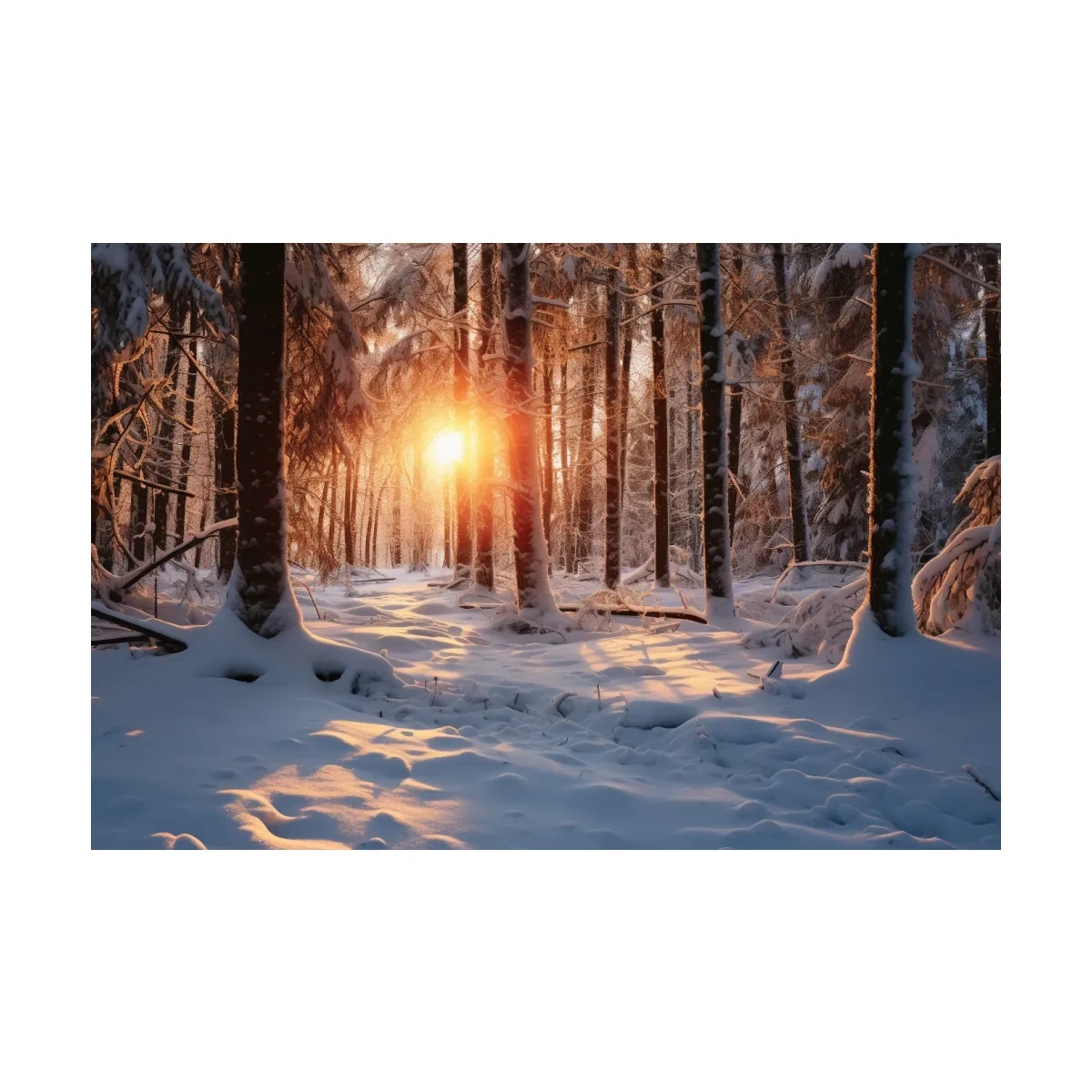 Golden Winter Sunrise Snowy Forest - Serene Nature Landscape Wall Art