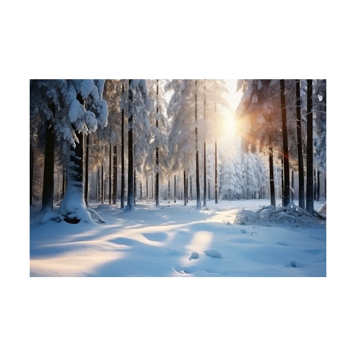 Sunlit Snowy Pine Forest Landscape - Serene Winter Nature Wall Art