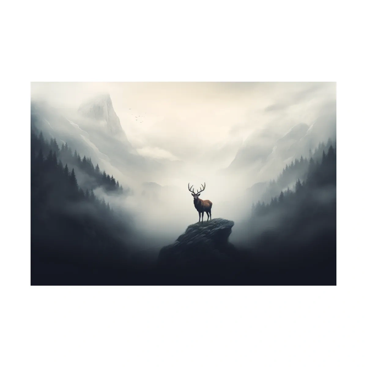 Majestic Stag On Rocky Peak - Misty Mountain Forest Wall Art