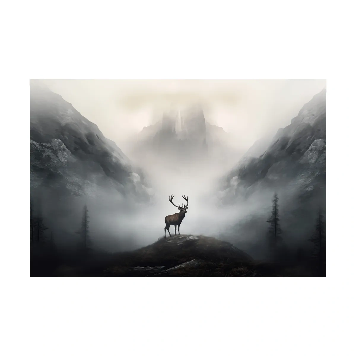 Painting of a majestic deer standing in the fog