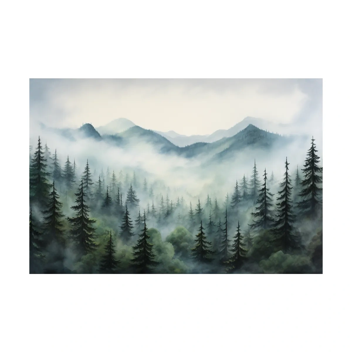 Misty Alpine Forest Painting - Foggy Mountain Landscape Art
