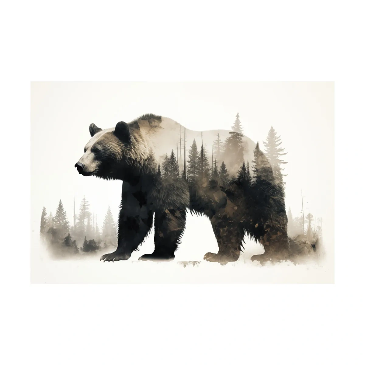 Double exposure artwork, a grizzly bear and a forest