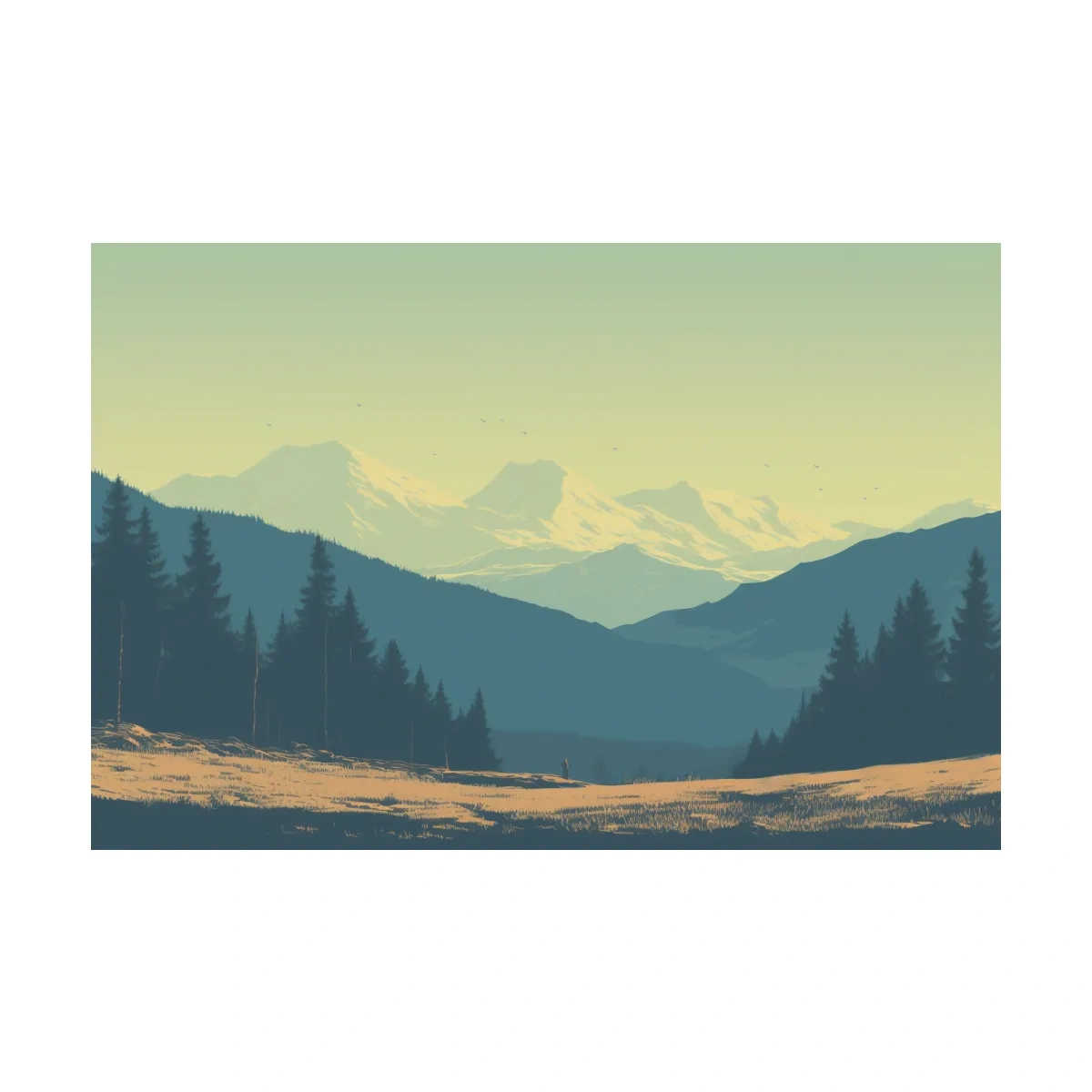 Pacific North West hazy glacier mountain scene, postcard style vector artwork