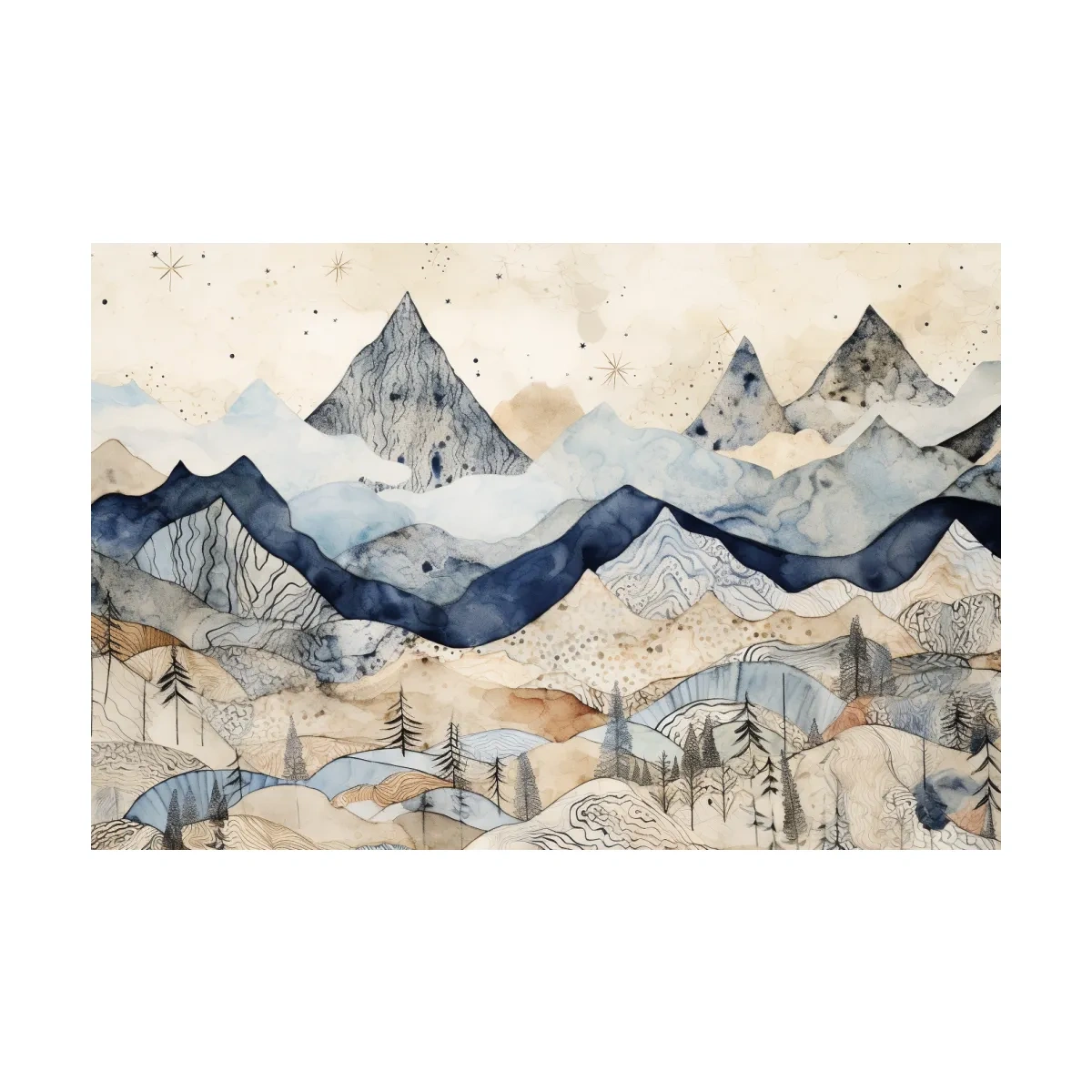 Patchwork Watercolor Mountain Range - Modern Alpine Landscape Wall Art