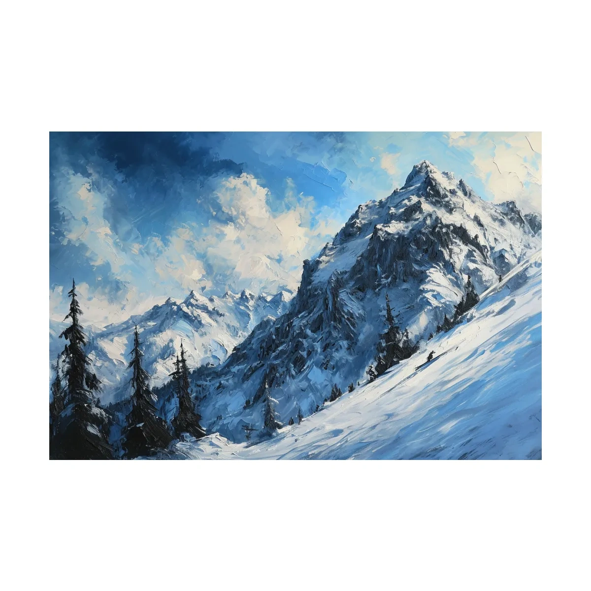 Textured oil painting of alpine snowy mountain