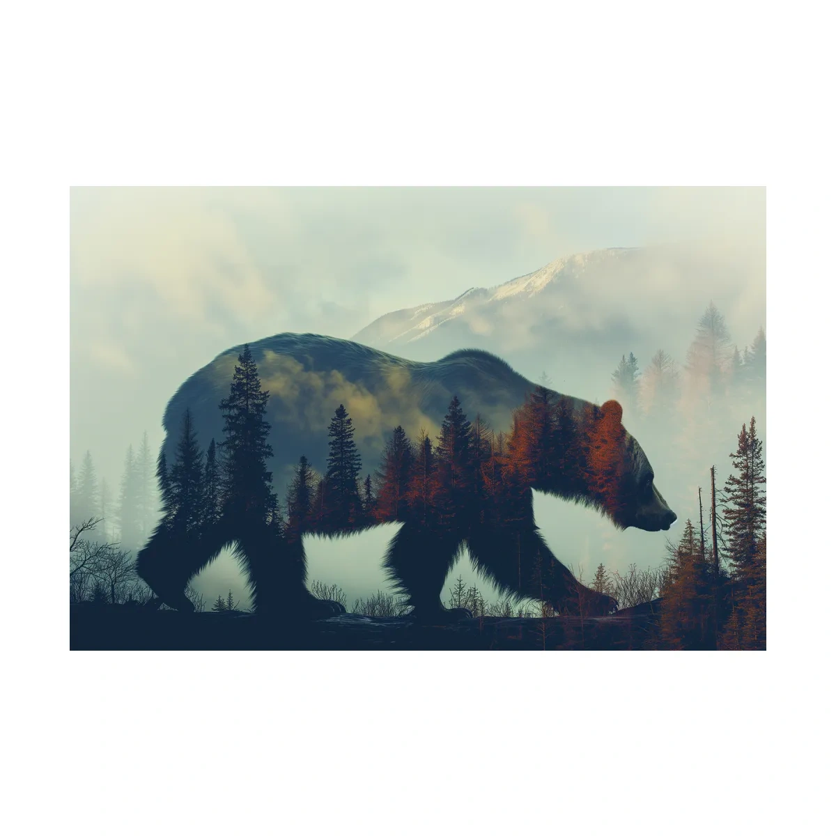 Double exposure photographic artwork of a beer silhouette in the mountains