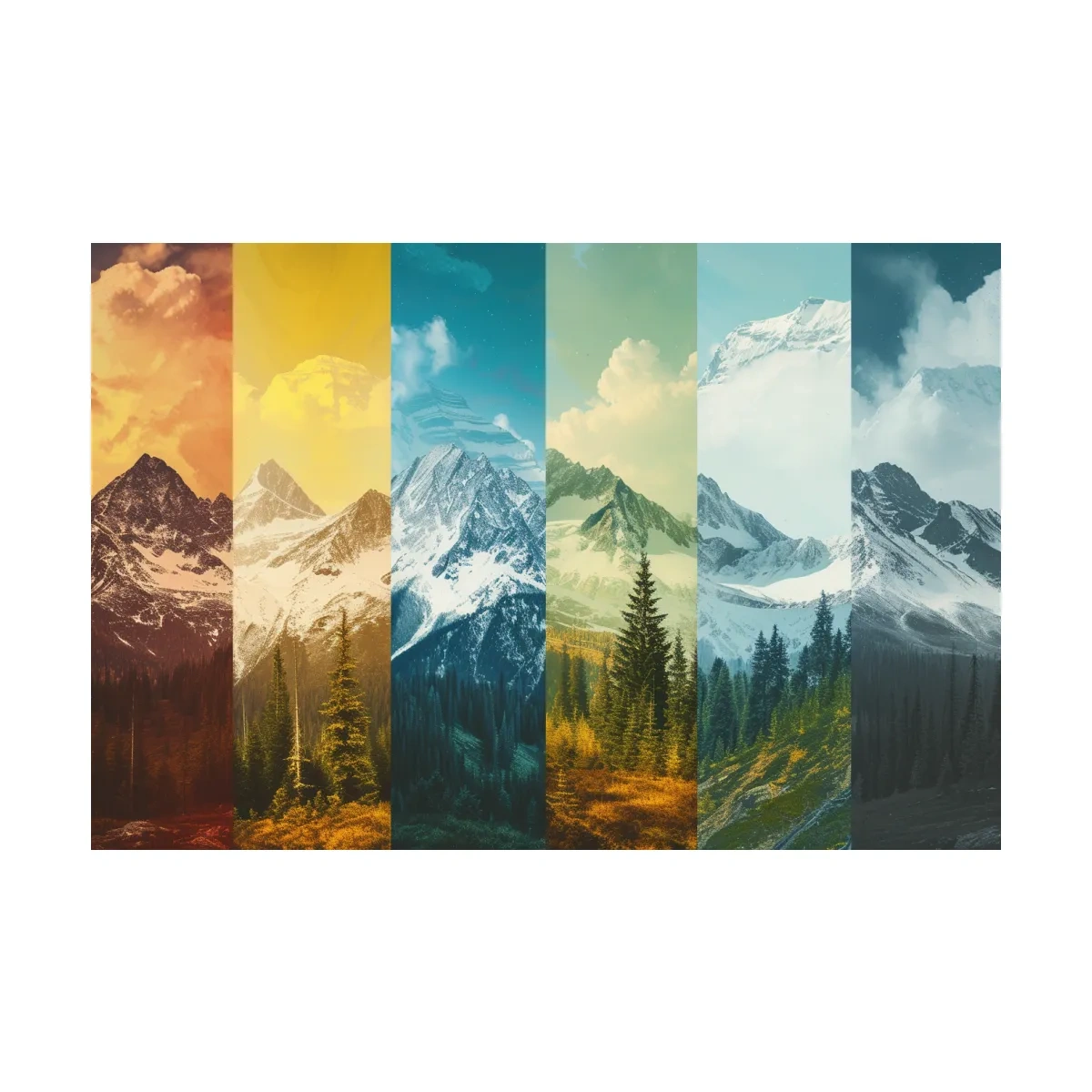 Changing of seasons, alpine forest and glacier art, split panel artwork