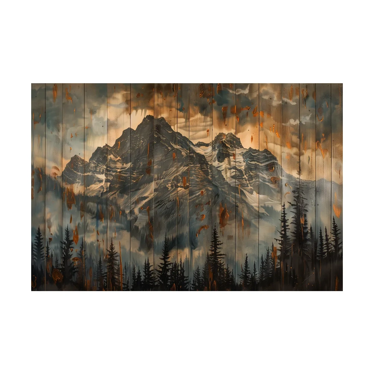 Rustic Mountain Range Painting - Alpine Forest Wood Panel Wall Art