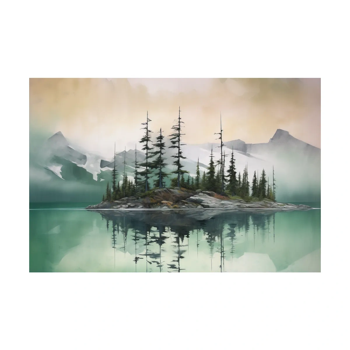 Misty Turquoise Alpine Lake Reflection - Serene Watercolor Mountain Landscape Wall Art