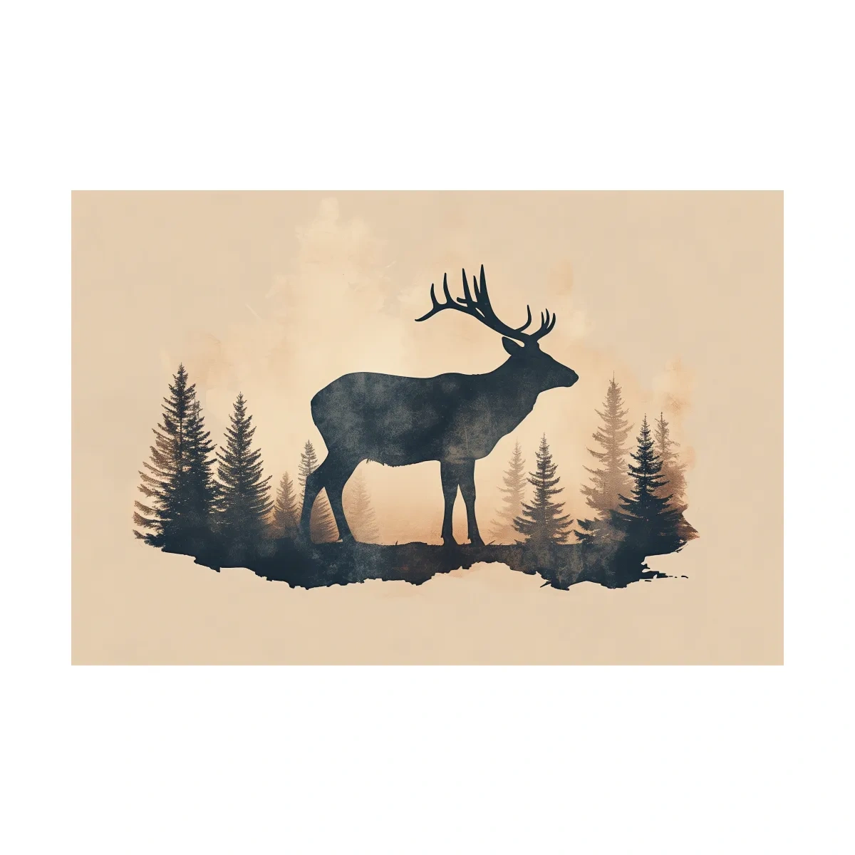 Vintage Sepia Deer Silhouette In Pine Forest - Rustic Woodland Artwork