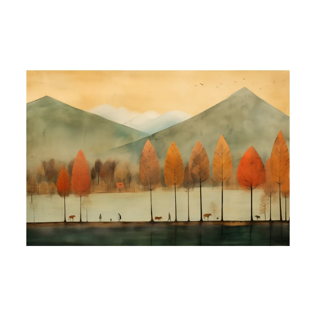 Autumn Tree Lined Lake Landscape - Quirky Watercolor Style Wall Art