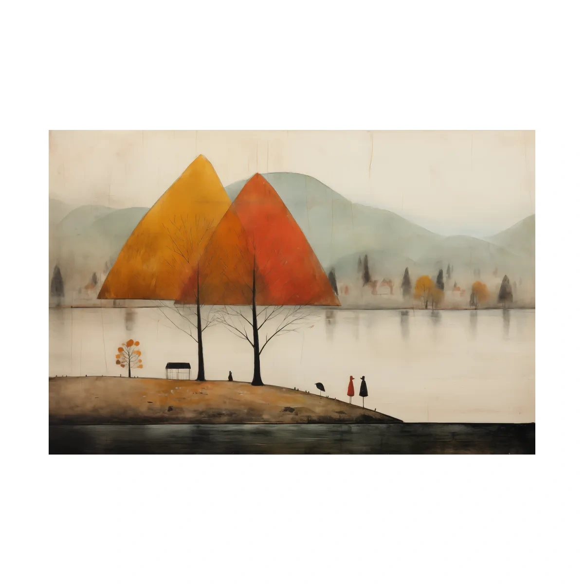 Autumn Mountains Over Misty Lakeside - Quirky Landscape Artwork