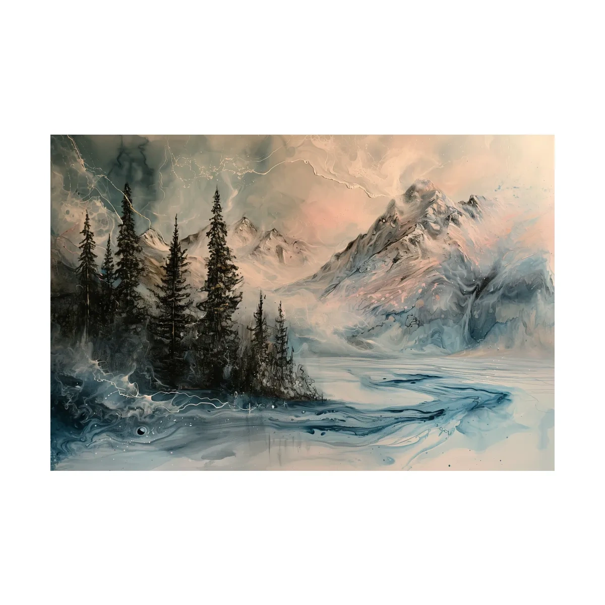 Ethereal Mountain Lake Alpine Forest - Moody Abstract Alcohol Ink Wall Art
