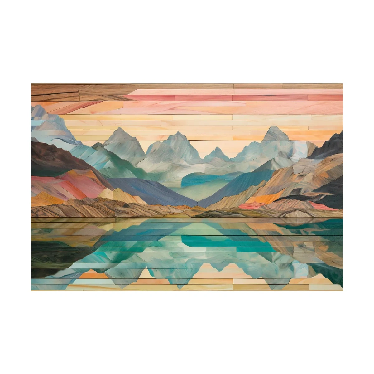 Alpine Lake Mountain Reflection - Layered Wooden Style Landscape Wall Art