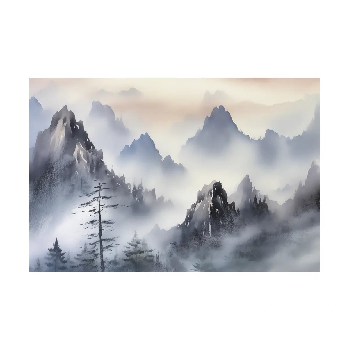 Chinese traditional ink wash style watercolour painting of foggy mountains