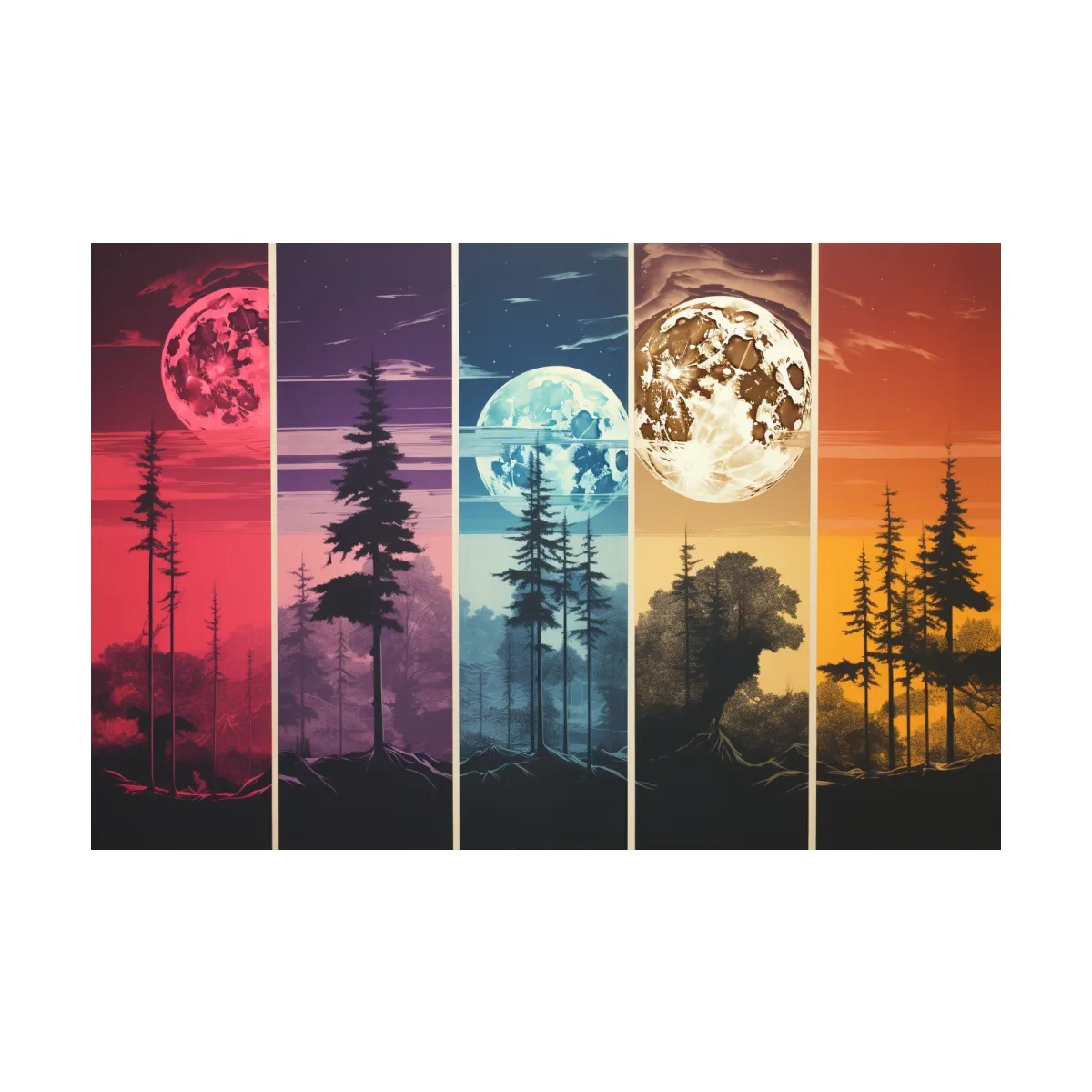 Multipanel colorful treeline under the moonlit sky, risograph style artwork