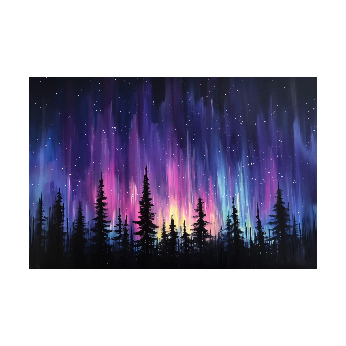 Vibrant Purple Northern Lights & Silhouetted Pine Forest - Aurora Borealis Painting Wall Art