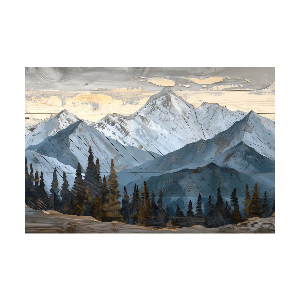 Alpine Forest Mountain Range Artwork - Rustic Woodgrain Landscape Wall Art
