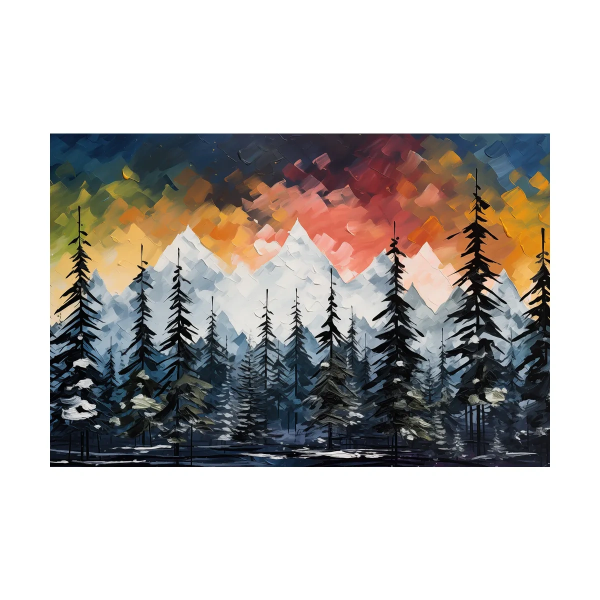 Bold textured palette knife effect impasto sunset mountain painting, treeline in the alpine