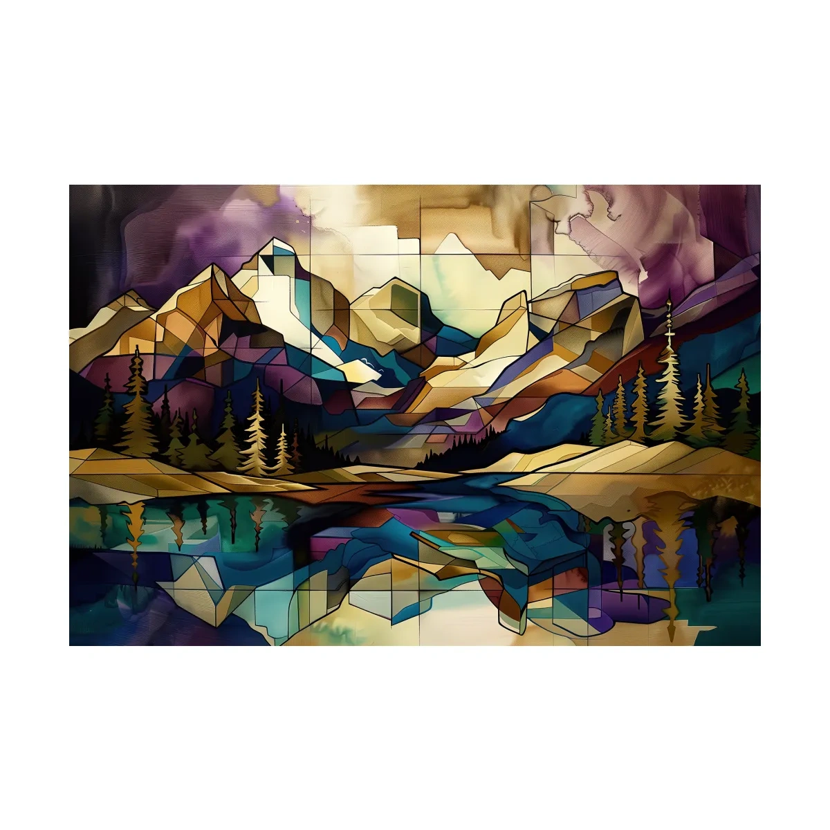 Treelined alpine lake and mountain scene, mixed media style colorful abstract painting