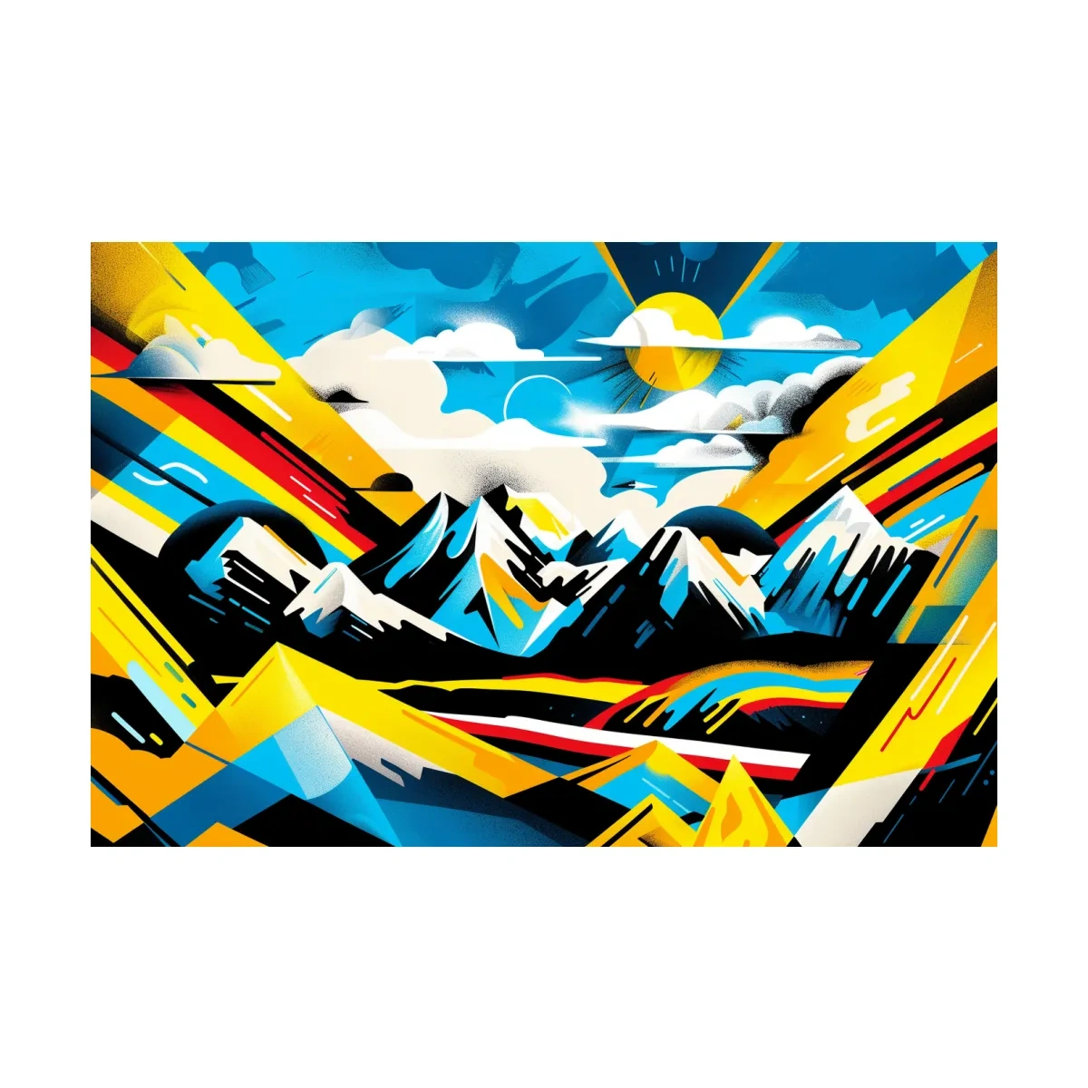 Vibrant Colorful Mountain Sunrise Illustration - Graffiti Style Landscape Wall Art