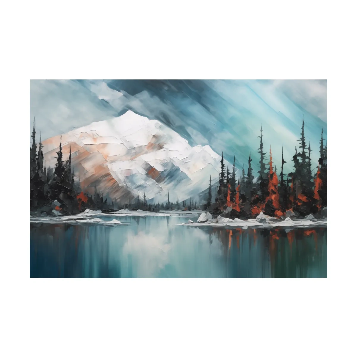 Alpine Glacier Lake Impasto Style Painting - Textured Forest Wall Art